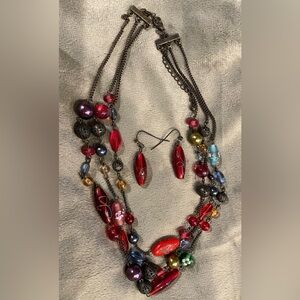 Avon 2007 Multicolor Necklace Gift Set. Features 3 Beaded Antiqued Gold Stands.